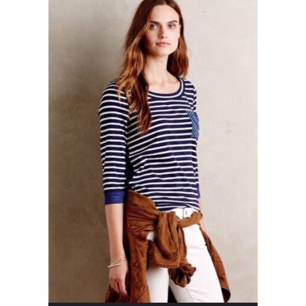 Anthropologie Little Yellow Button Blue white‎ Striped top Size M